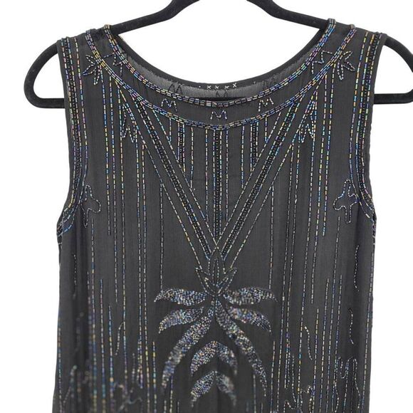 Vtg 80s Does 20s Black Oil Slick Beaded Silk Flapper Dress Sz M Great Gatsby - Picture 3 of 14